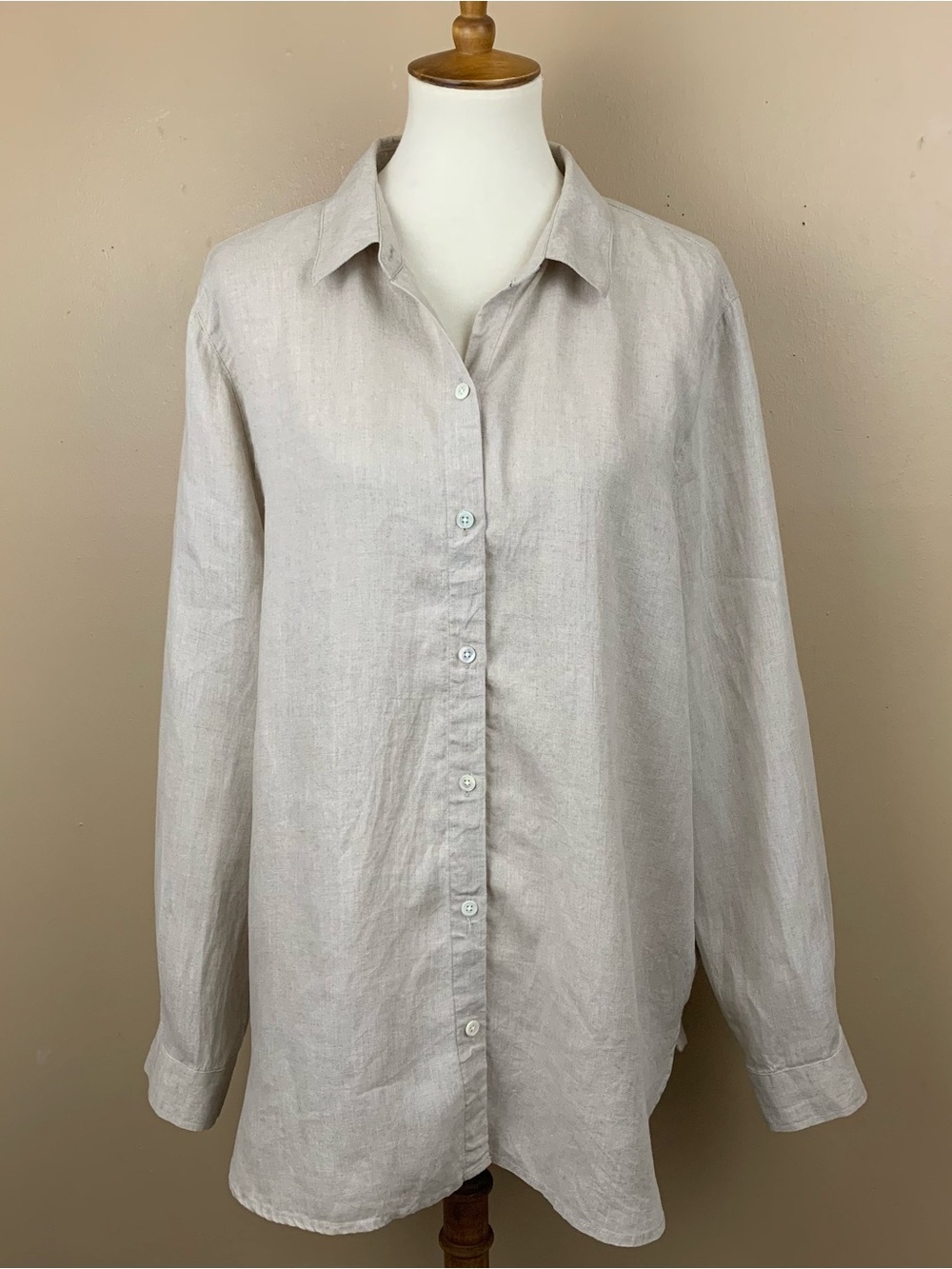J Jill Shirt Womens Large Missy Beige 100% Linen Button Up Long Sleeve Tunic Top